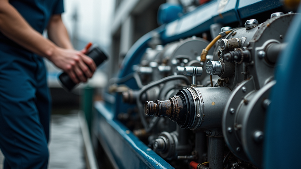Close-up view of yacht engine being serviced in a marina