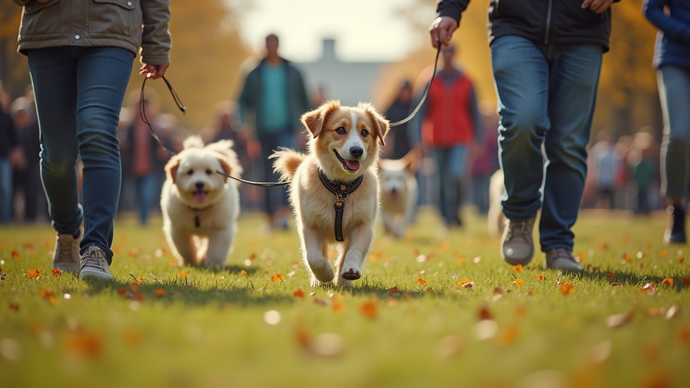Eye-level view of a dog walkathon event with participants and their dogs