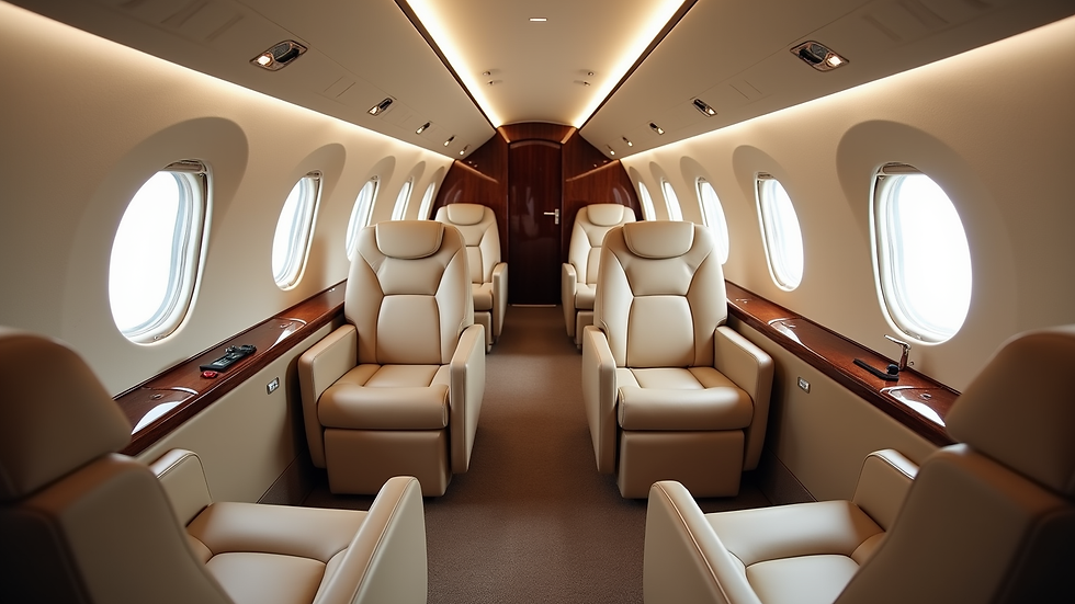 High angle view of a luxury private jet interior with plush seating