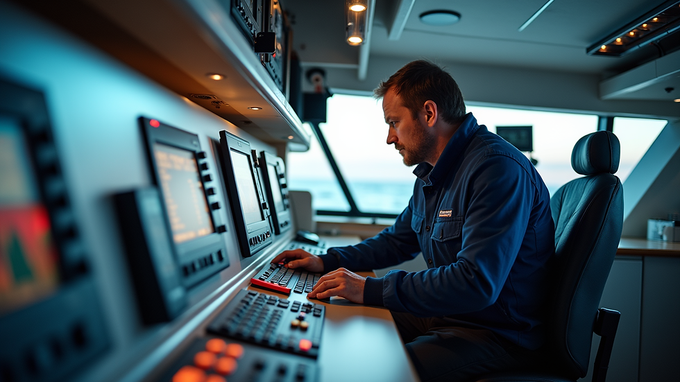 Eye-level view of a marine technician working on yacht electronics