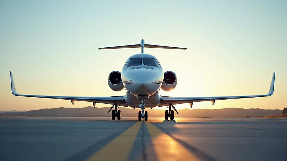Eye-level view of a sleek private jet parked on a tarmac