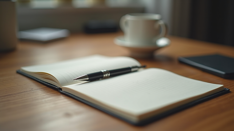 Close-up view of a journal and pen on a wooden desk