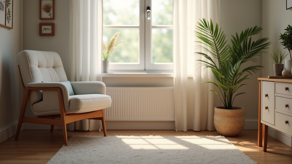 Eye-level view of a cozy therapy office with a comfortable chair and soft lighting