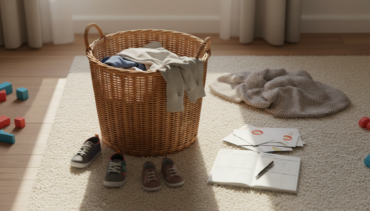 Overhead view of a laundry basket, children’s shoes, mail, and a weekly planner on a living room floor.