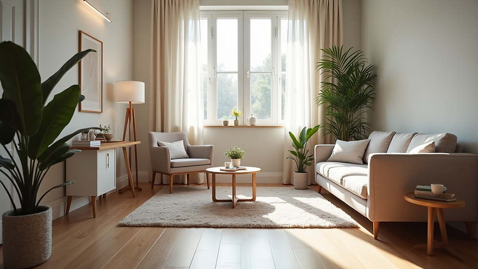 Eye-level view of a therapy office interior with comfortable seating
