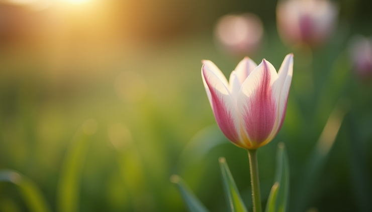 Eye-level view of a single blooming flower in a quiet garden