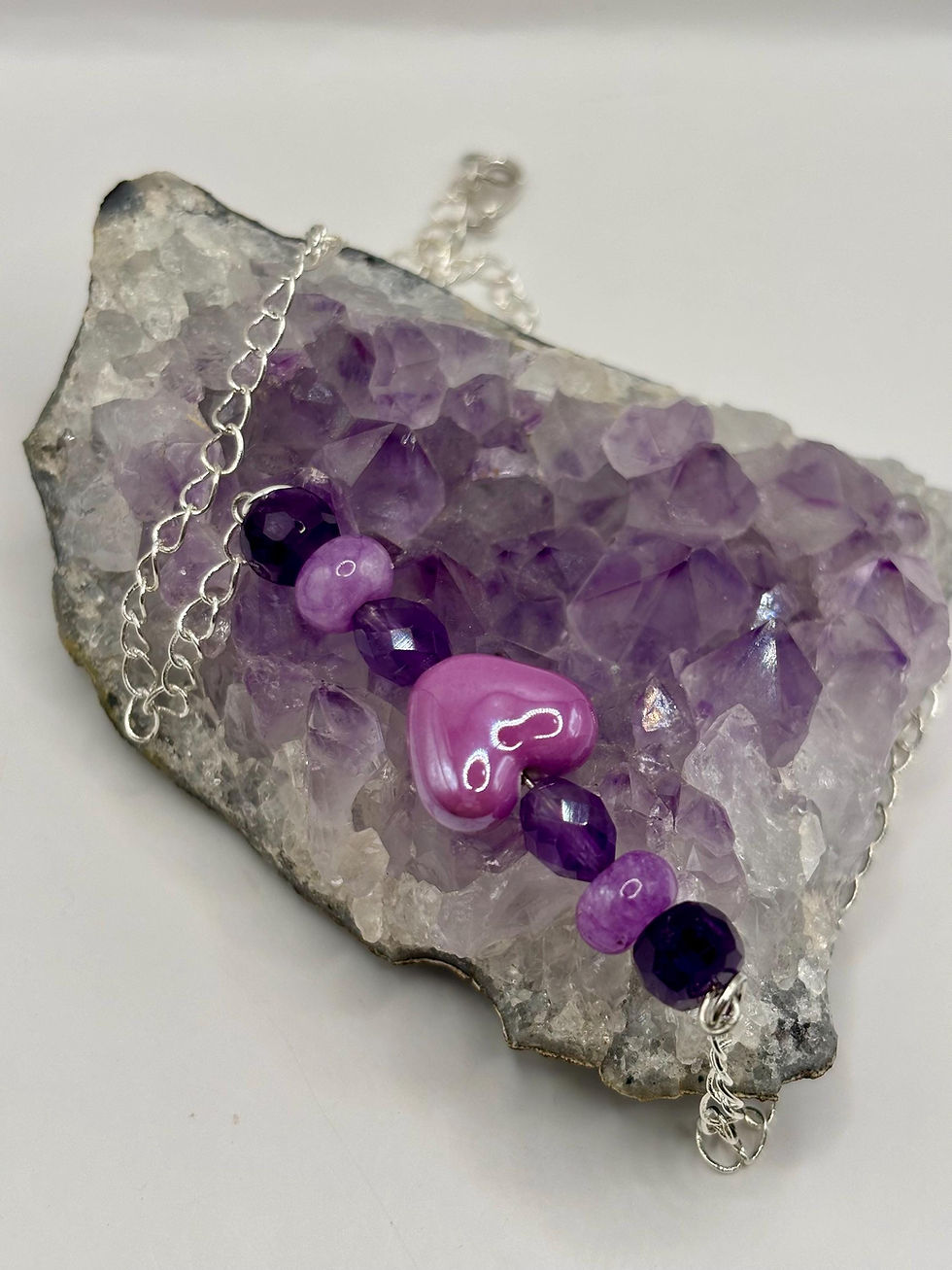 Natural Amethyst Heart Necklace on beaded silver chain