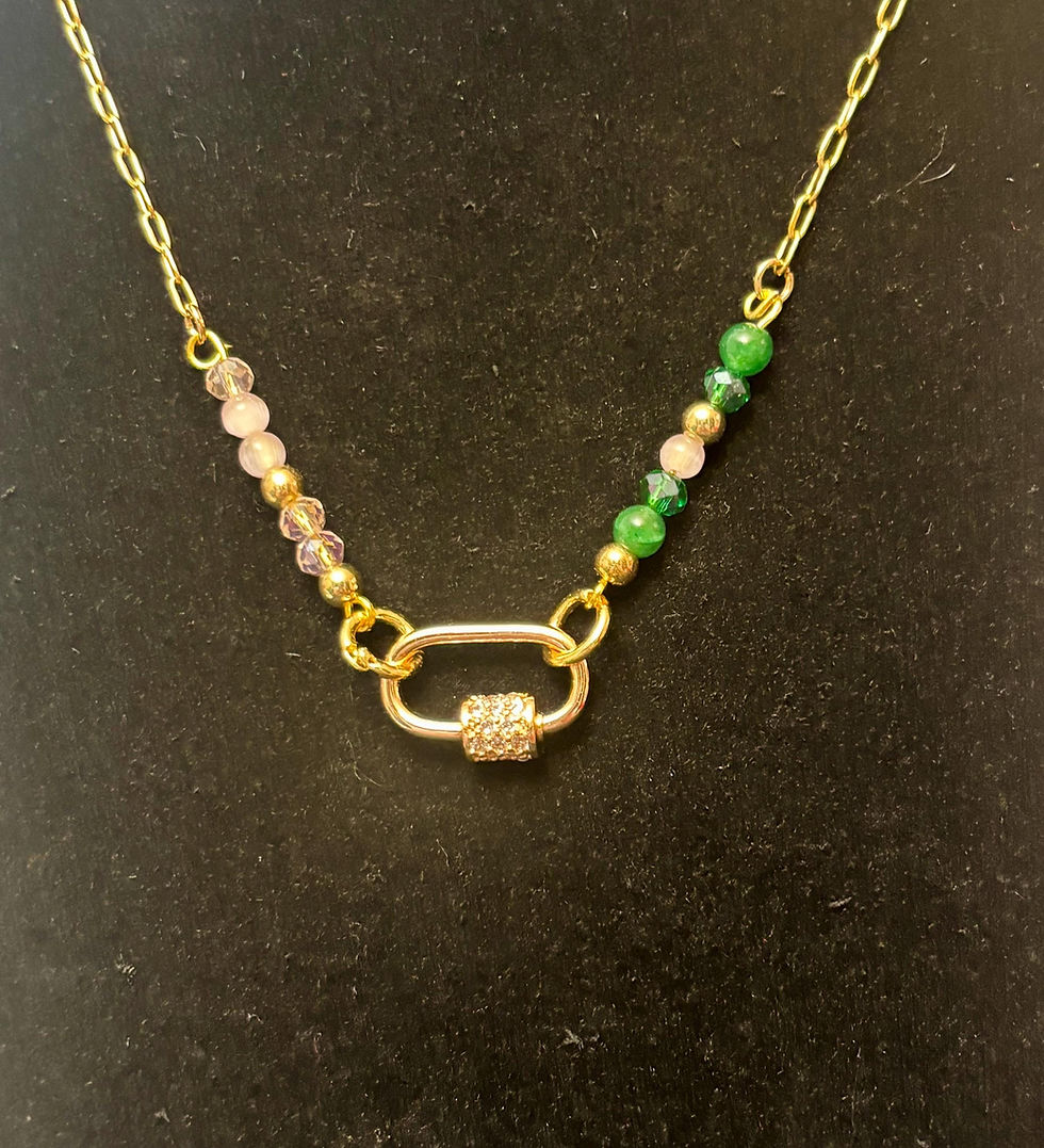 Thumbnail: Gold carabiner necklace with green and blush beads
