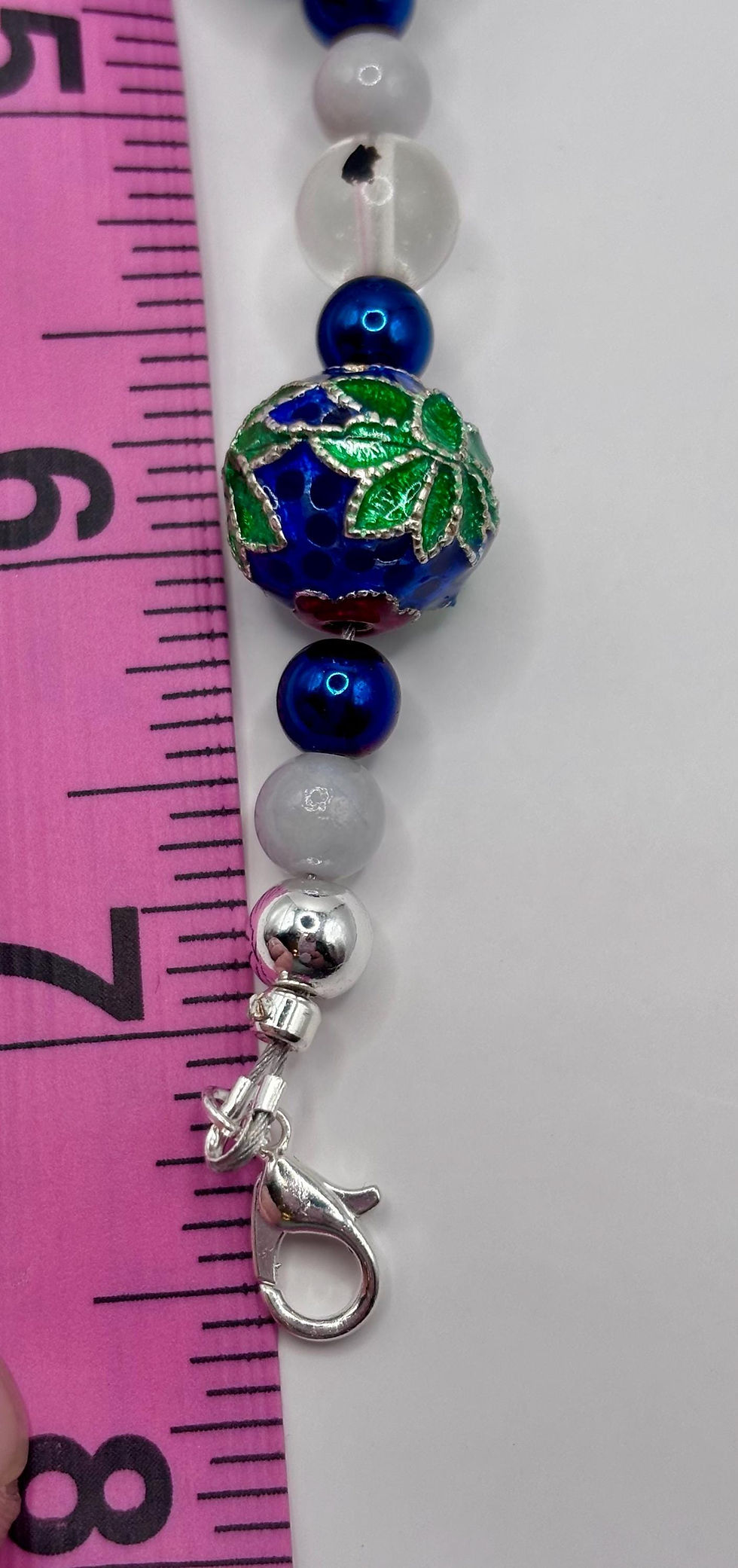 Thumbnail: Floral cloisonné bracelet with blue enamel beads and ruler