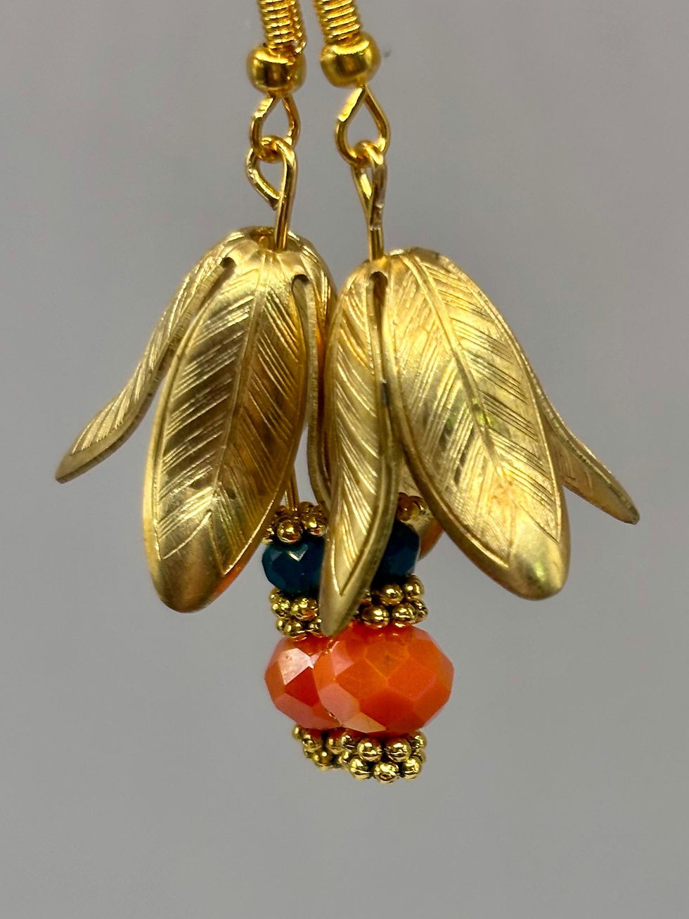 Golden tulip boho chic earrings with orange and teal beads