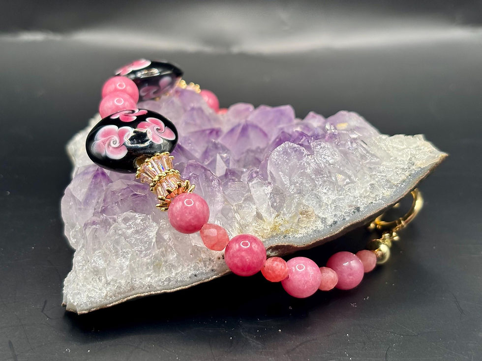 Thumbnail: Floral lampwork bracelet with pink and gold accents.