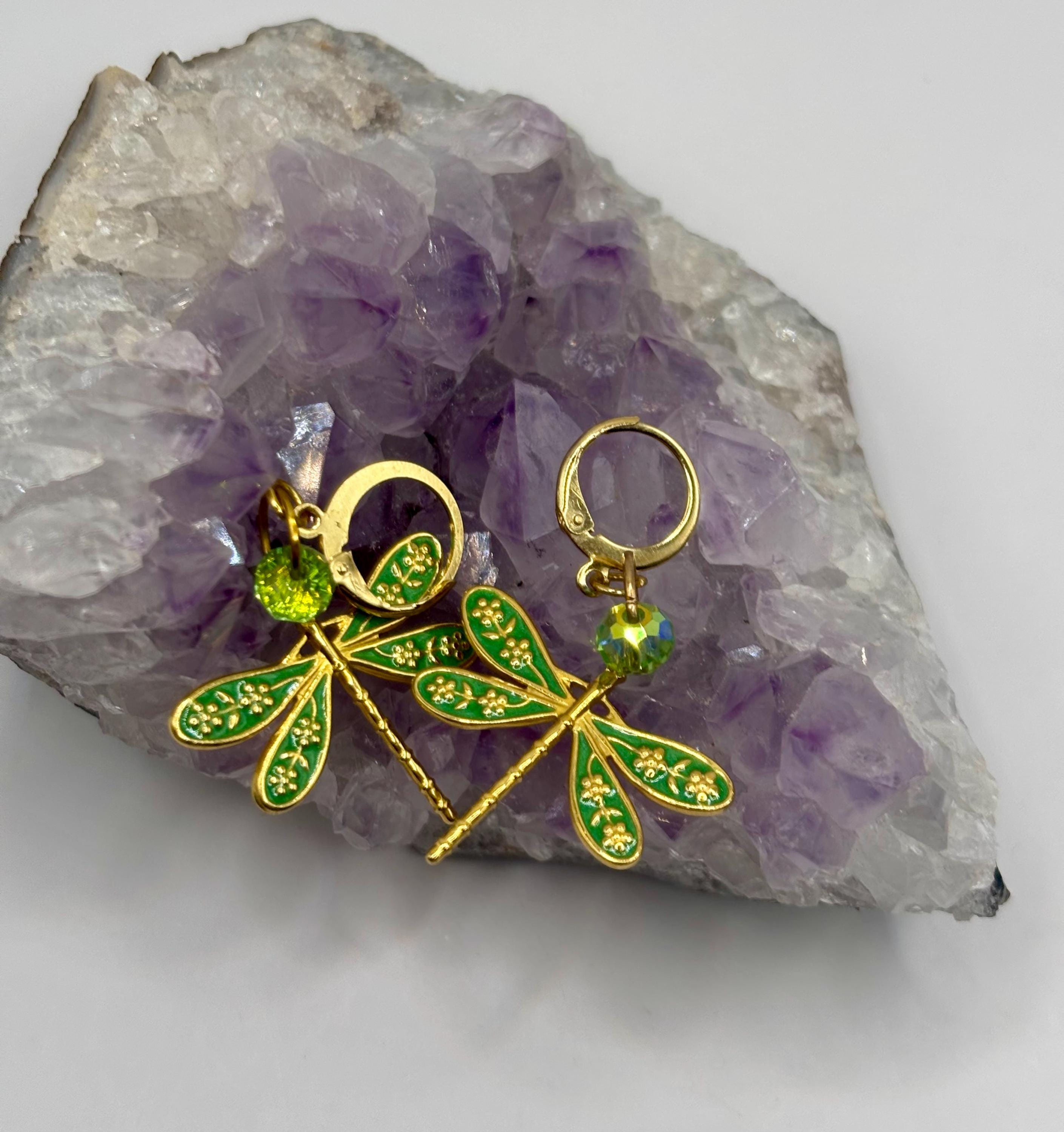 Green and Gold Dragonfly Enamel Dangle Earrings on amethyst crystal