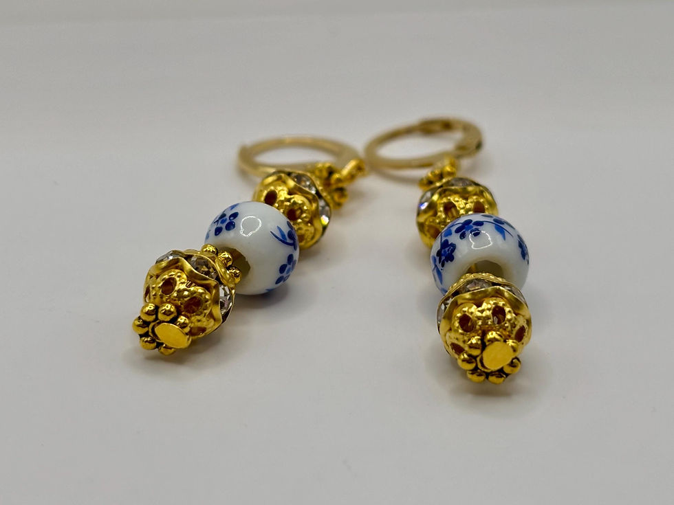 Hand painted blue porcelain earrings with gold accents