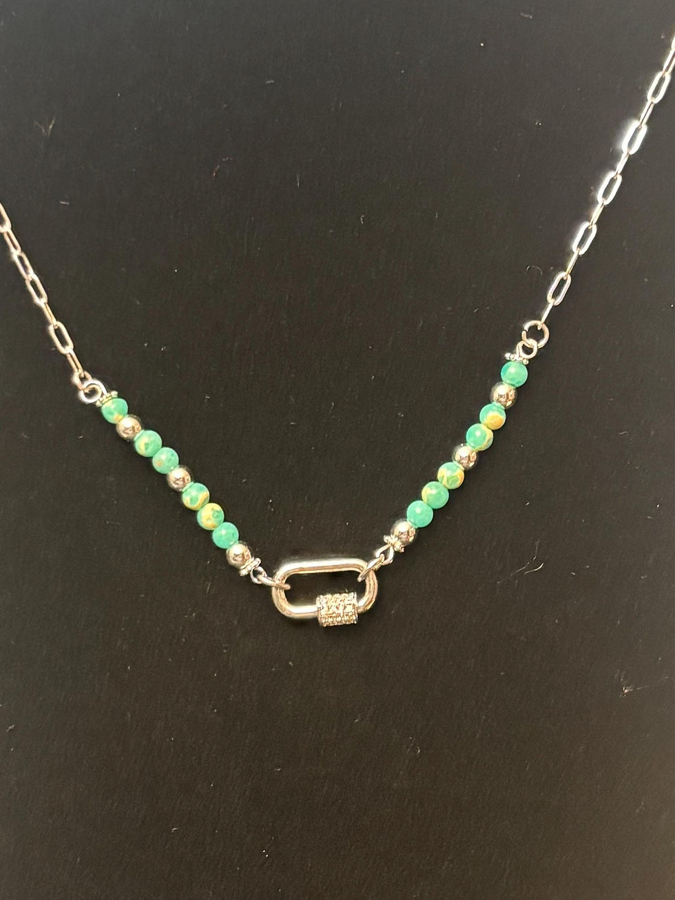 Thumbnail: Silver carabiner necklace with turquoise jasper beads