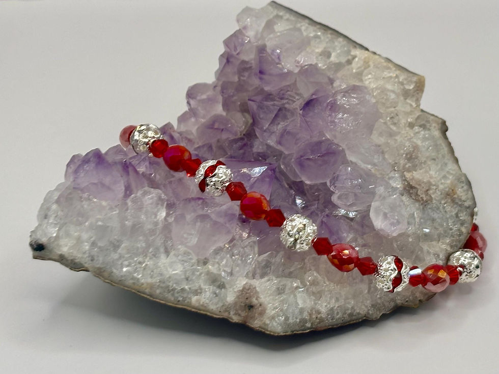 Thumbnail: Ruby red crystal bracelet with silver filigree beads