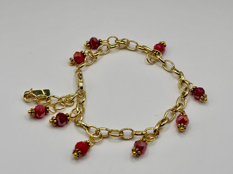 Thumbnail: Dainty gold charm bracelet with red crystal drop beads
