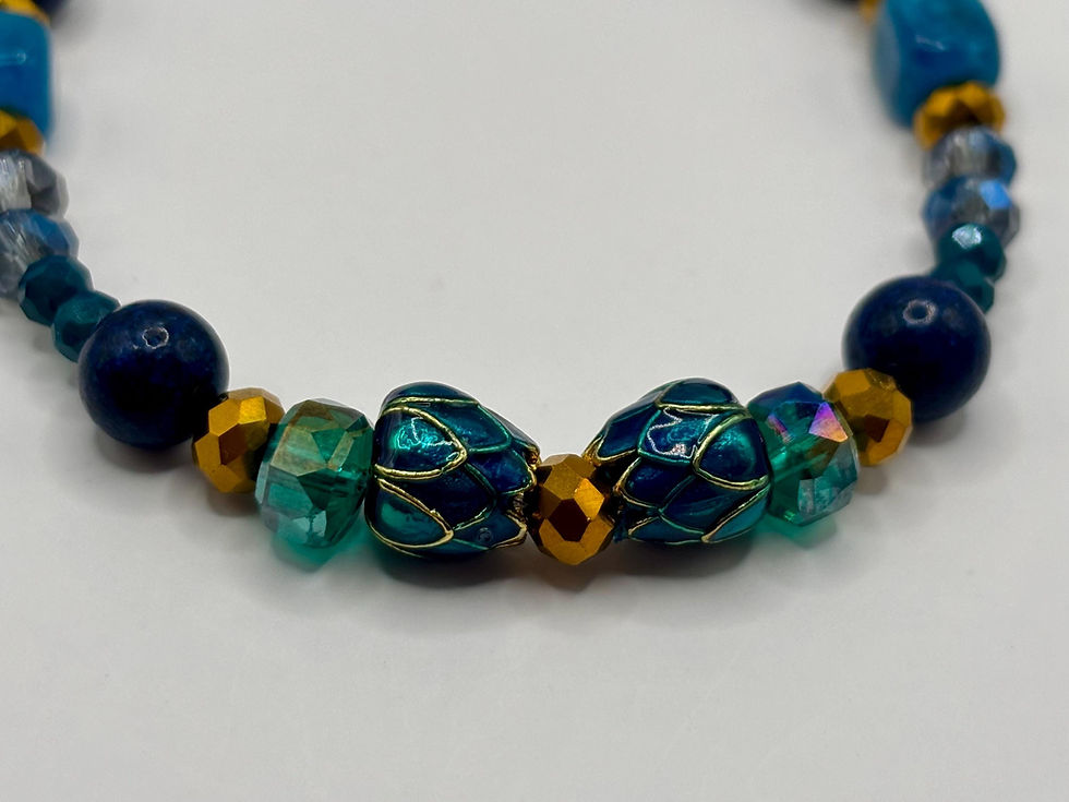 Thumbnail: Teal blue beaded anklet with gold and navy accents.