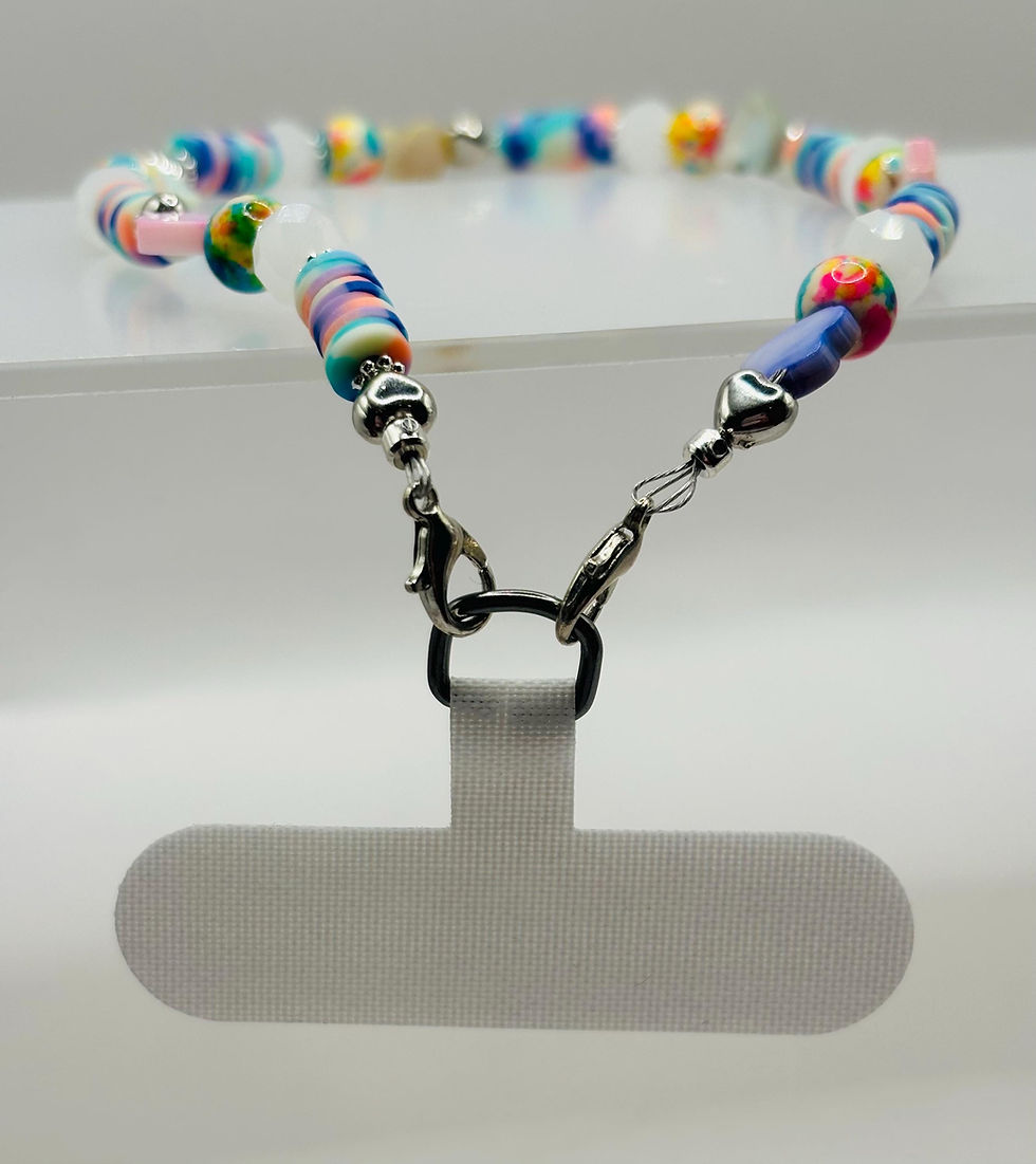 Thumbnail: Colorful Heishi bead phone charm with rainbow hearts.