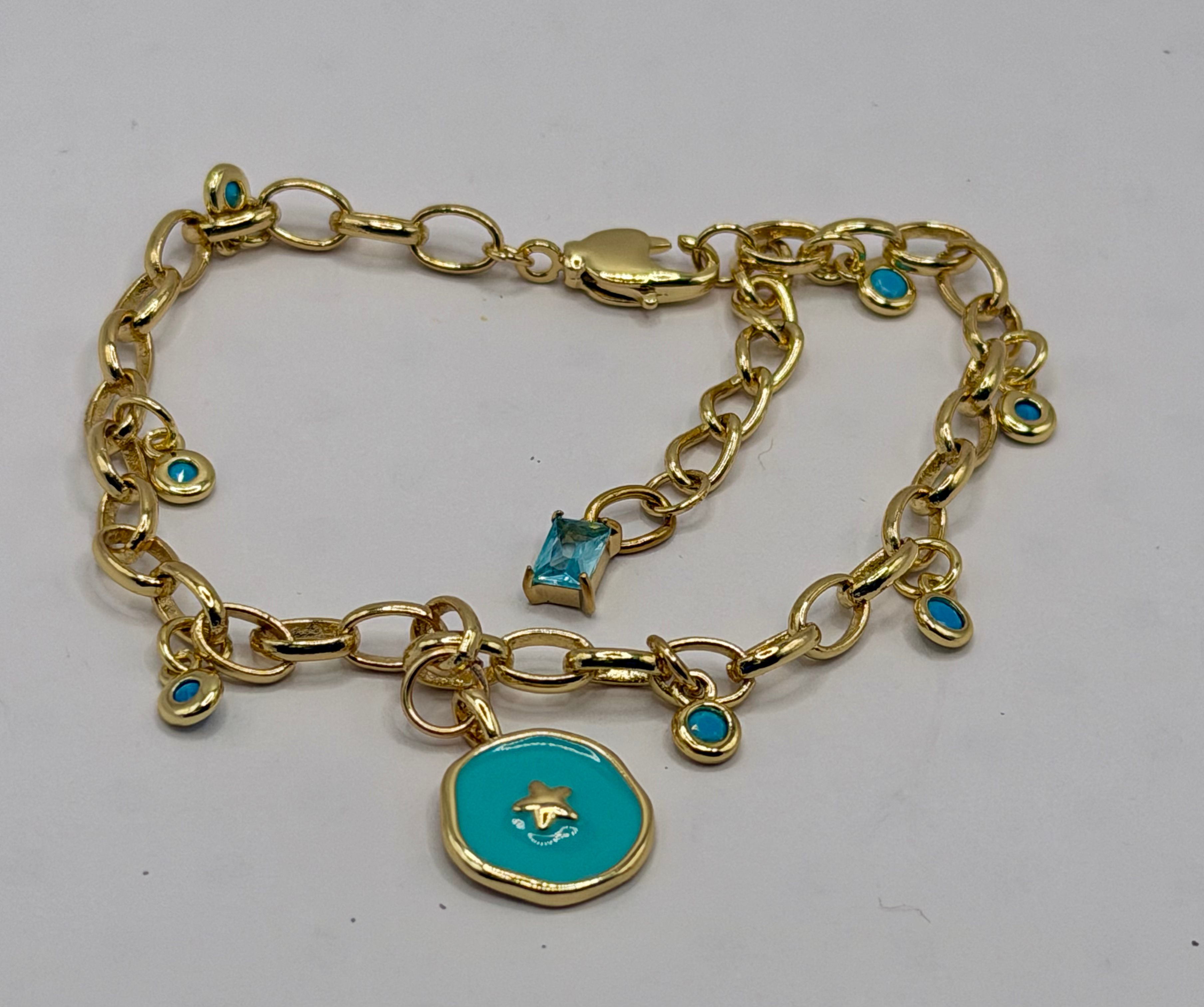 Turquoise Blue Charm Bracelet, Gold Chain Bracelet, Coastal Inspired Jewelry