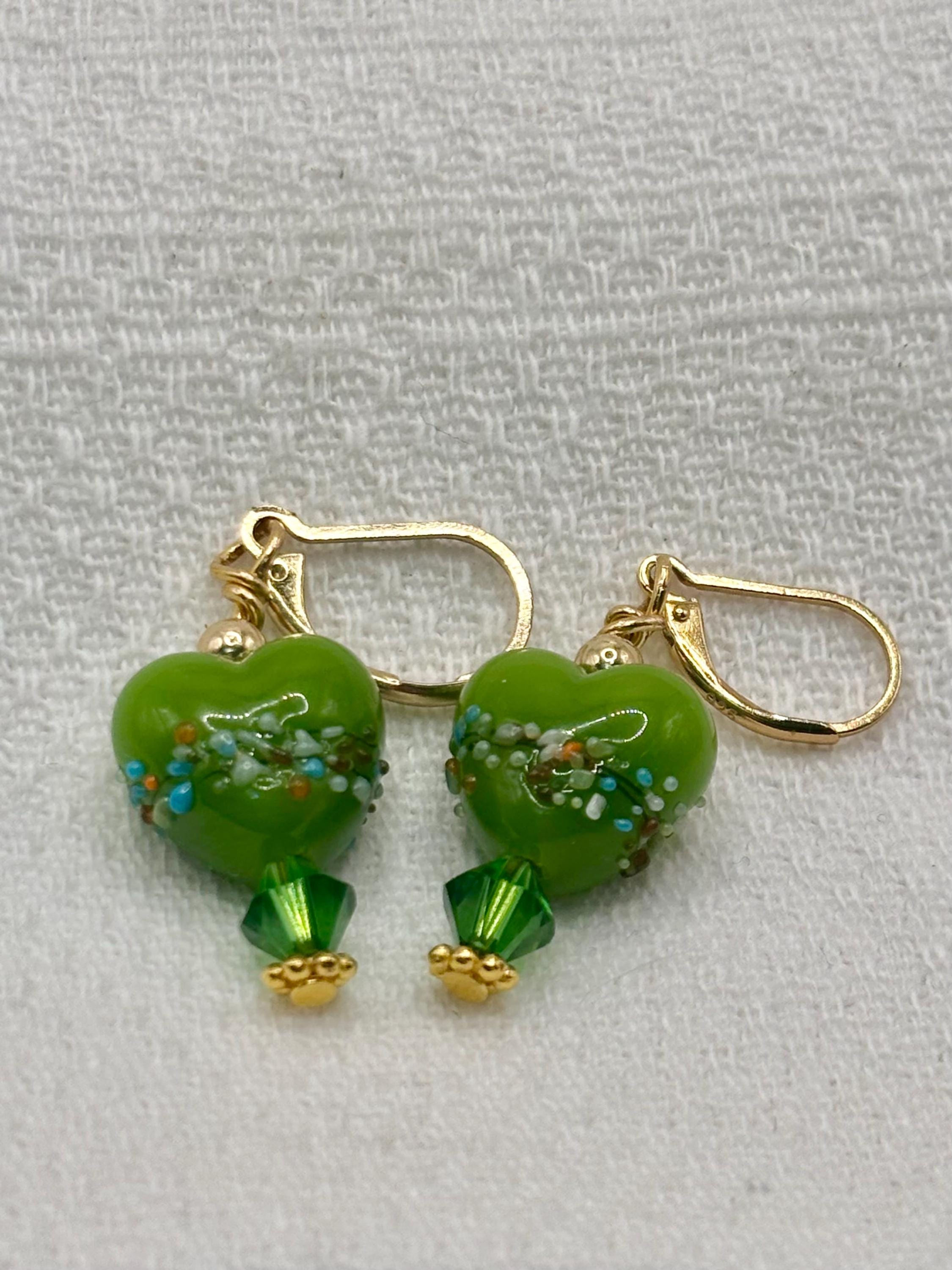 Green Heart Lampwork Earrings with Swarovski Crystals