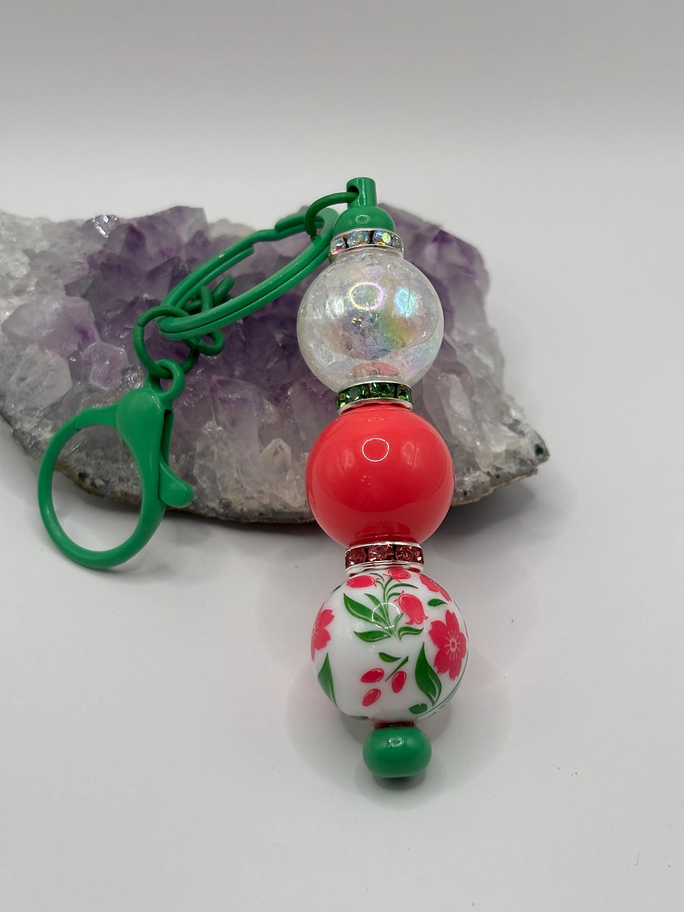 Thumbnail: Spring Blossom beaded keychain with floral beads and green clip