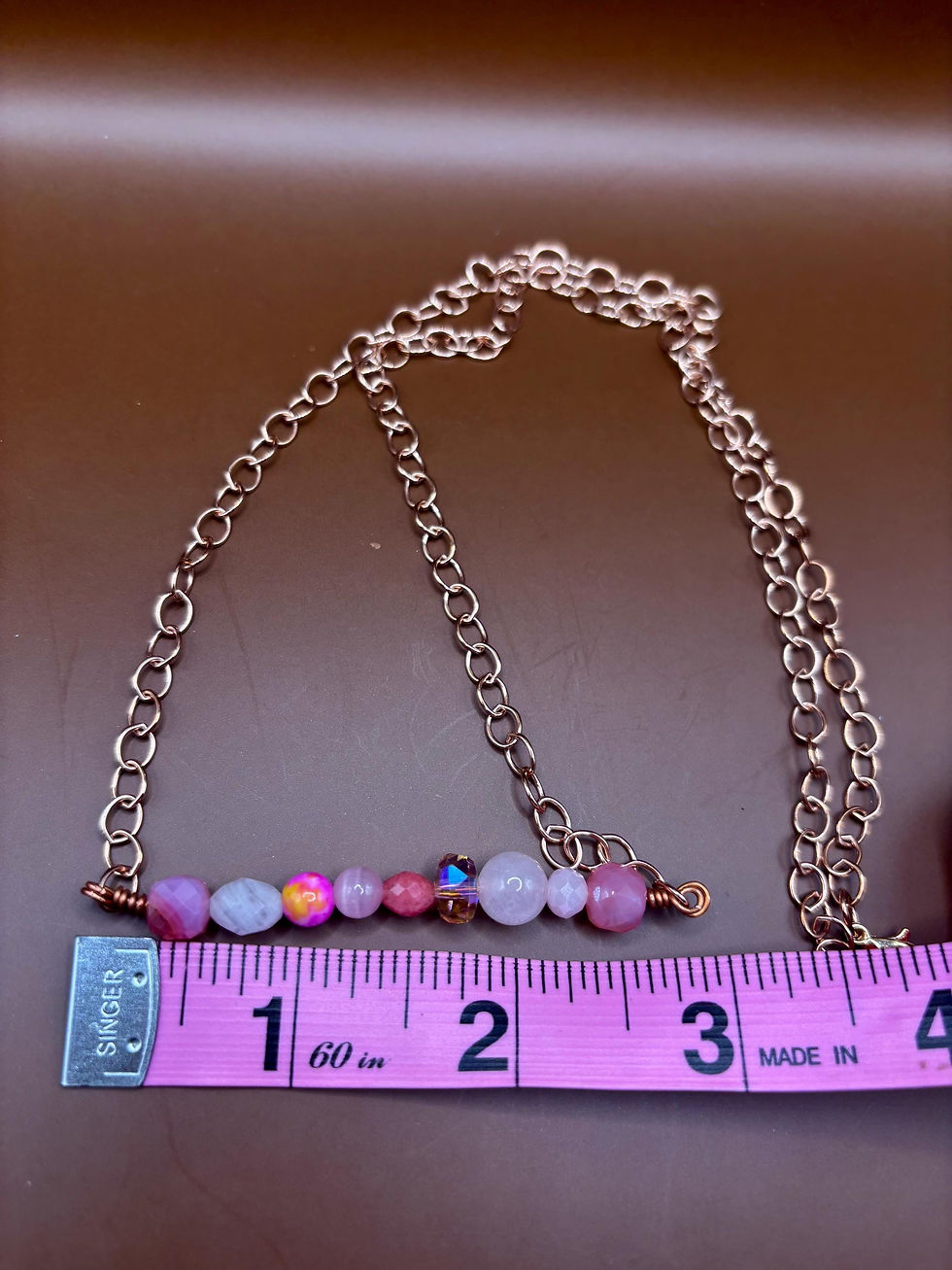 Thumbnail: Rose gold beaded bar necklace with pink agate and quartz