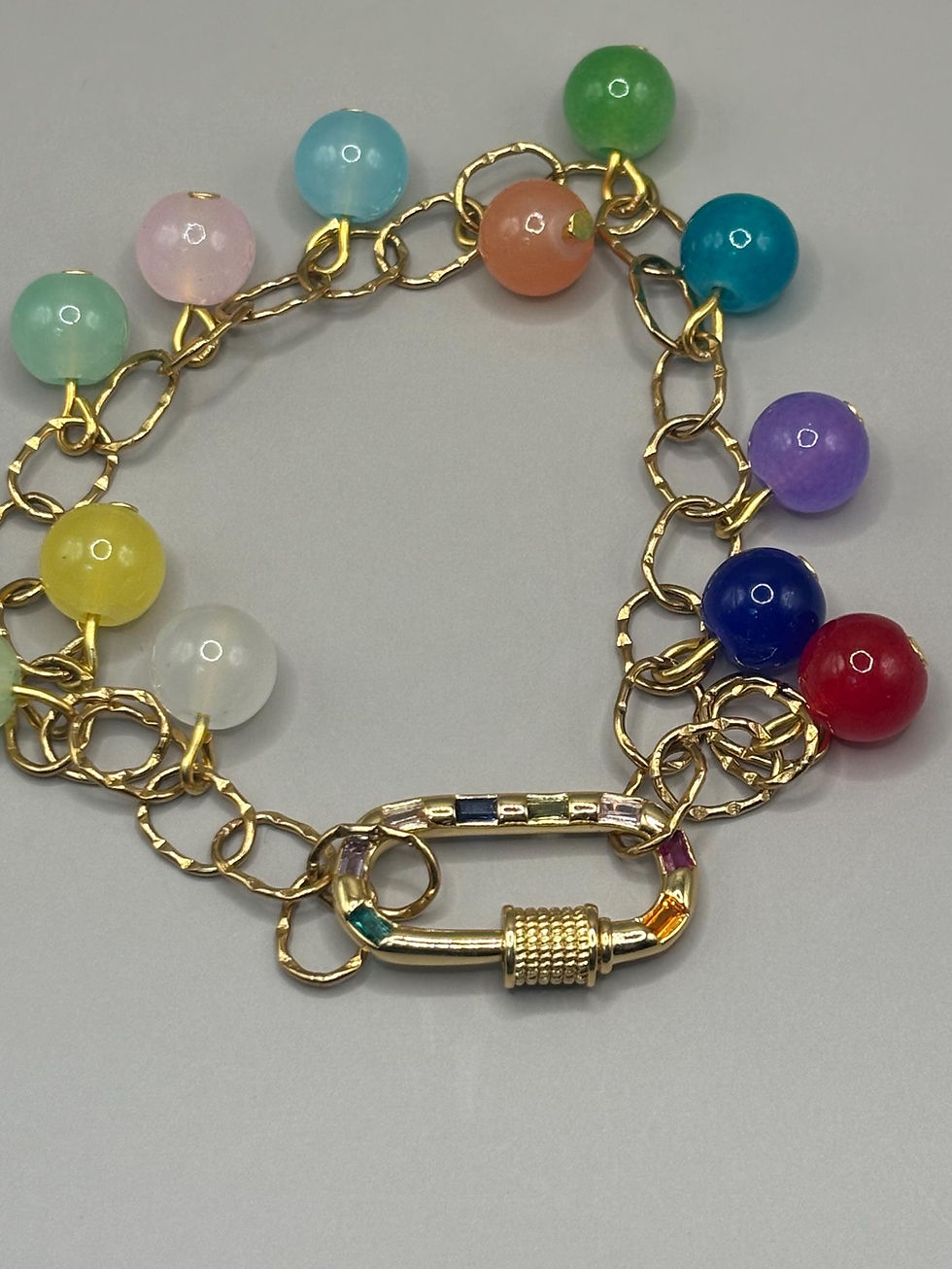 Thumbnail: Pastel beaded charm bracelet with rainbow carabiner clasp
