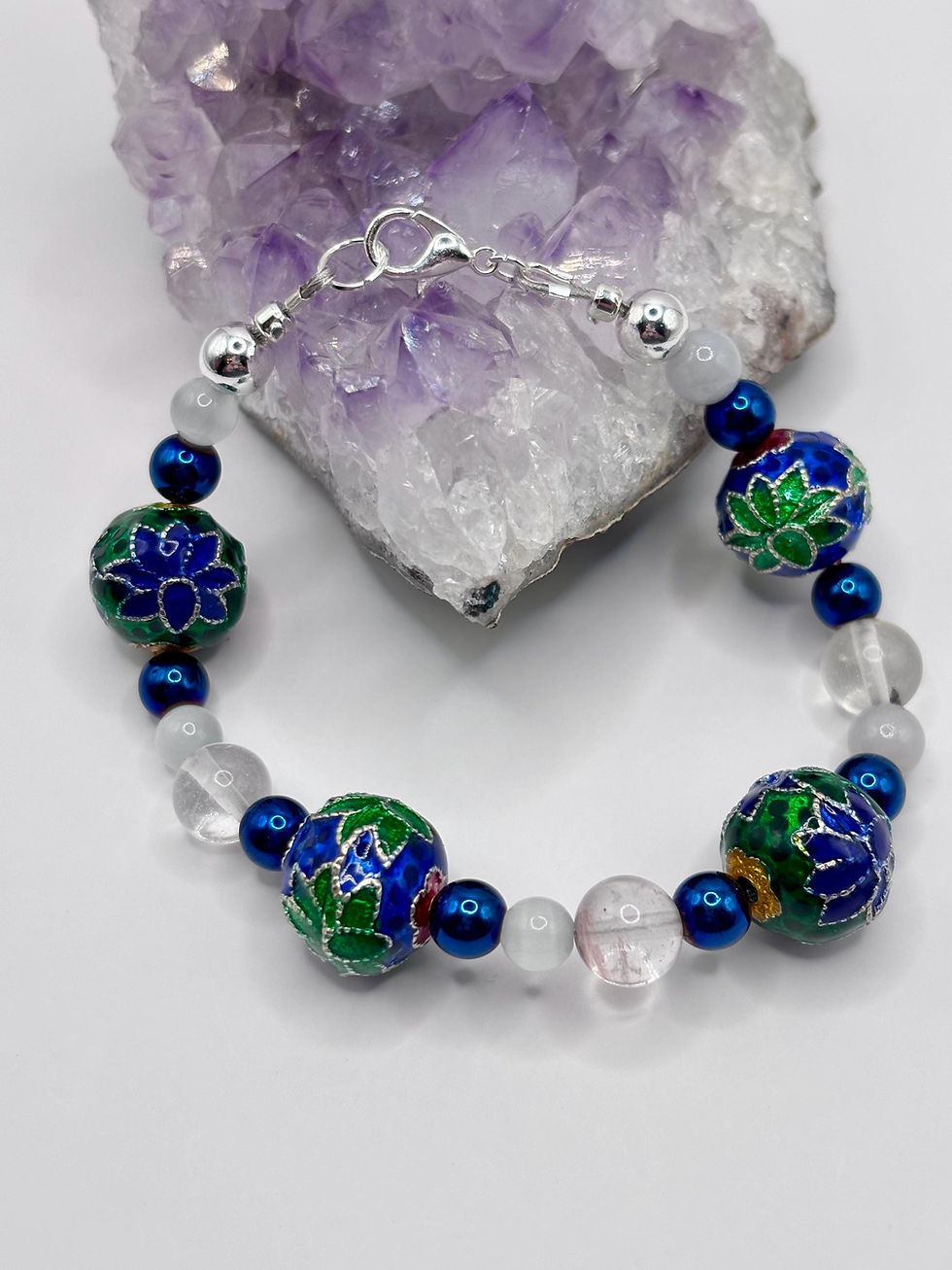 Floral cloisonne bracelet with blue enamel beads