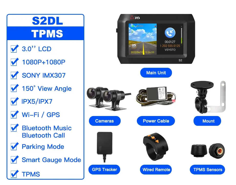 Thumbnail: VSYS 2 Channel Motorcycle DVR Dash Cam S2 SONY Starvis 1080P Bluetooth TPMS