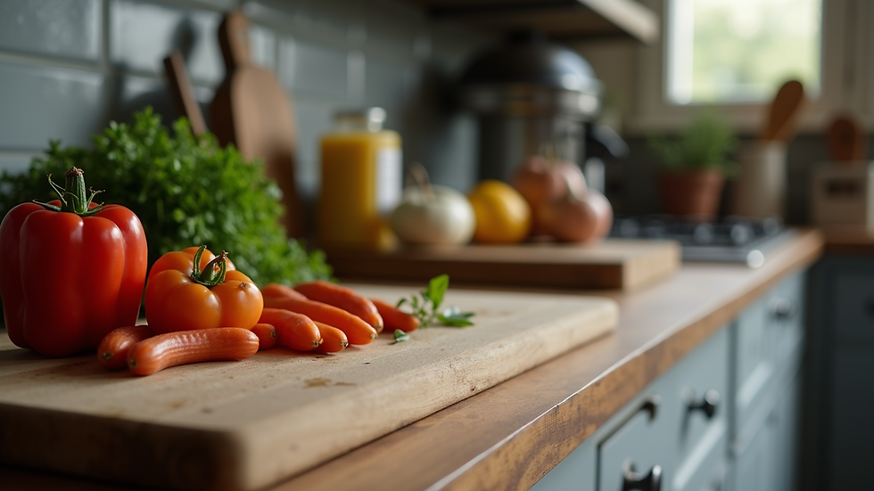 Eye-level view of a rustic kitchen counter with an ash chopping board and fresh ingredients