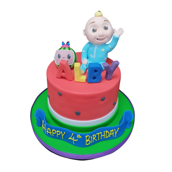 Bespoke Cocomelon-themed celebration cake featuring Baby JJ figurine, decorated with vibrant colors in Solihull, West Midlands.