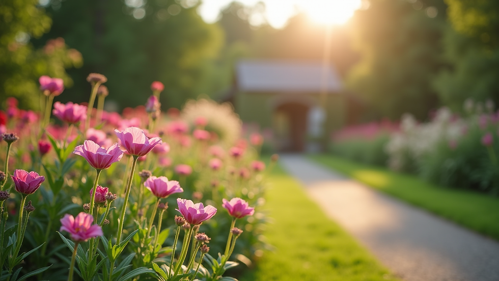 Nahaufnahme von gepflegtem Garten mit bunten Blumenbeeten