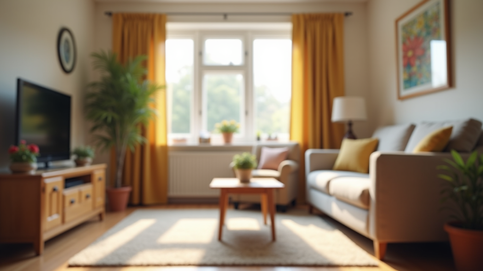 Eye-level view of a cozy memory care living room with comfortable seating