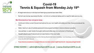 Covid 19 - Latest club position from July 19th 2021