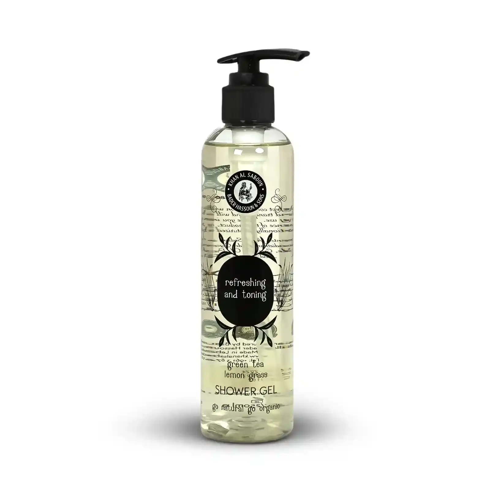 Flacon pompe de gel douche thé vert et citronnelle.