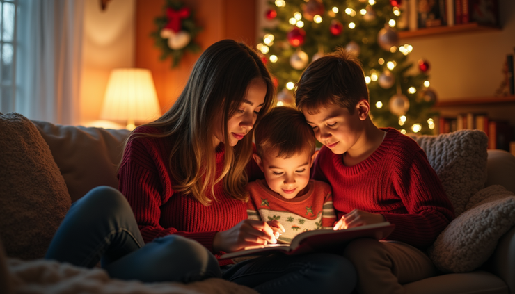 Eye-level view of a cozy living room with a family reading Christmas-themed books together