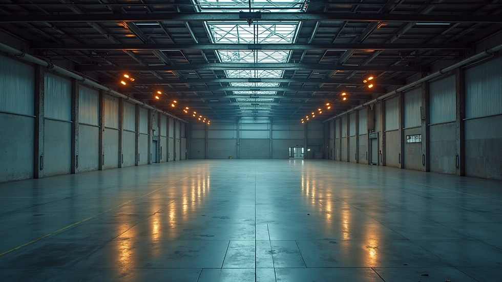 High angle view of an empty industrial warehouse with colorful lighting
