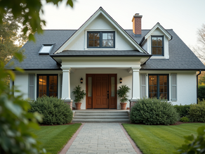 Bungalow home with white paint and red door.