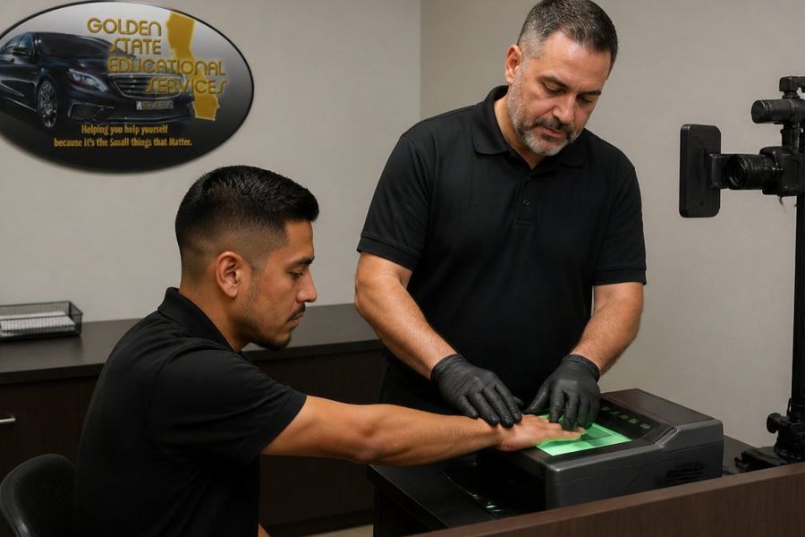 Technician guiding a California dealer background check applicant through Live Scan fingerprinting