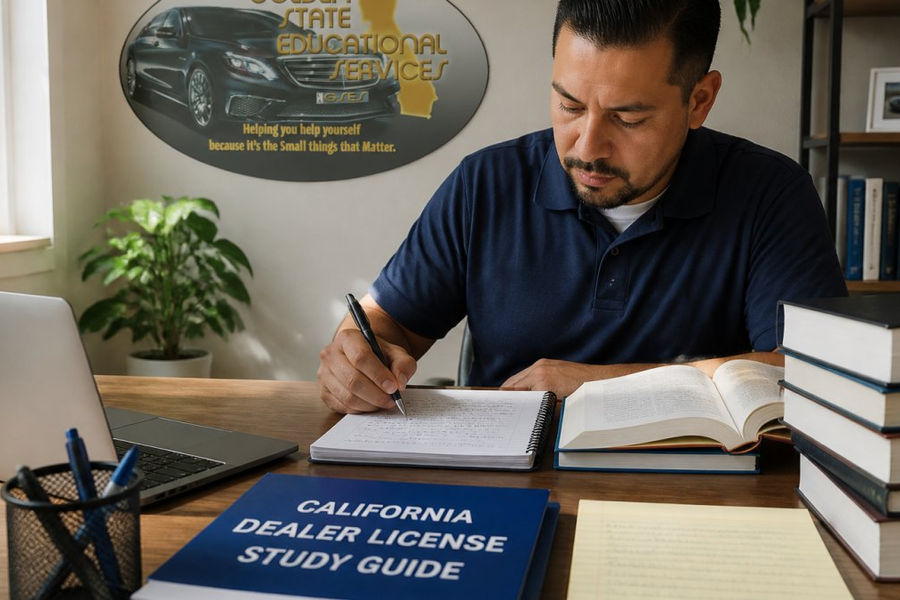 Professional studying at desk with California dealer license study materials, laptop, and notepad in focused home office setting with natural window lighting