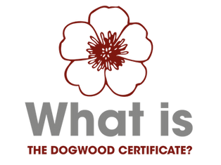 红色狗木花图标下方有大字"What is"，底部小字"THE DOGWOOD CERTIFICATE?"，背景为黑色。