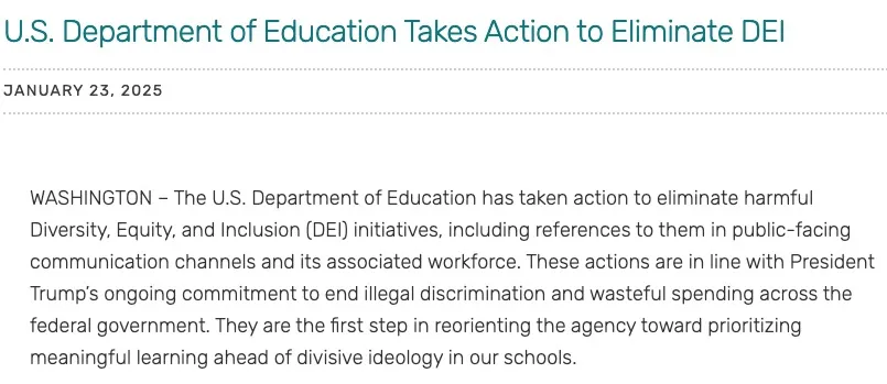 美国教育部宣布行动取消多样性、公平和包容(DEI)计划。背景为新闻稿,文字描述其对抗歧视和浪费的承诺。