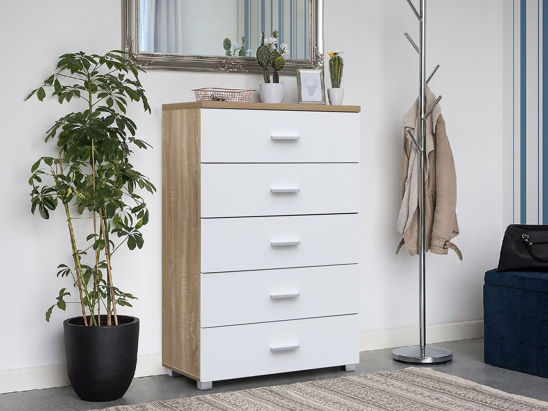 Tallboy 5 Drawer Chest Dresser - Oak + White
