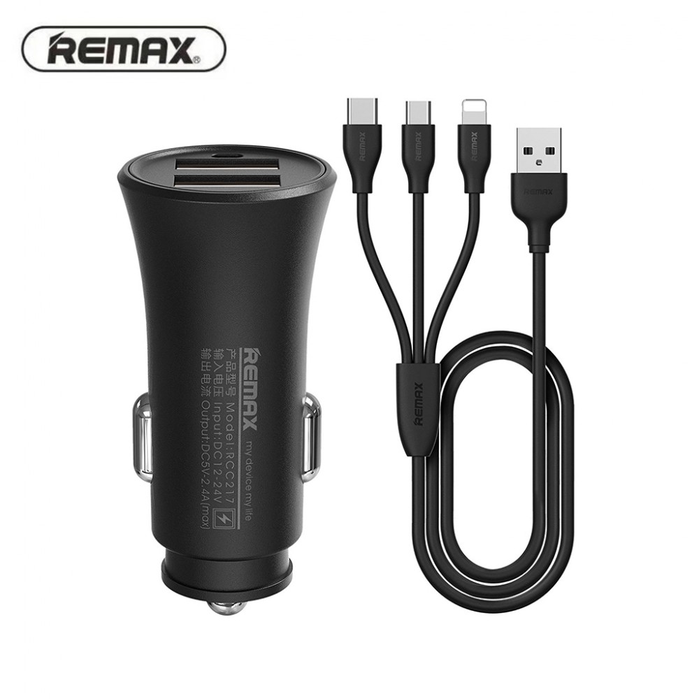 Remax Car Charger Adapter with 3 in 1 USB Charging Cable Fast Charge Dual Port-B