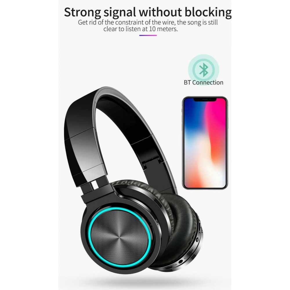 Wireless Headphones Bluetooth 5.0 Foldable Headphone Headset with Mic Led Black