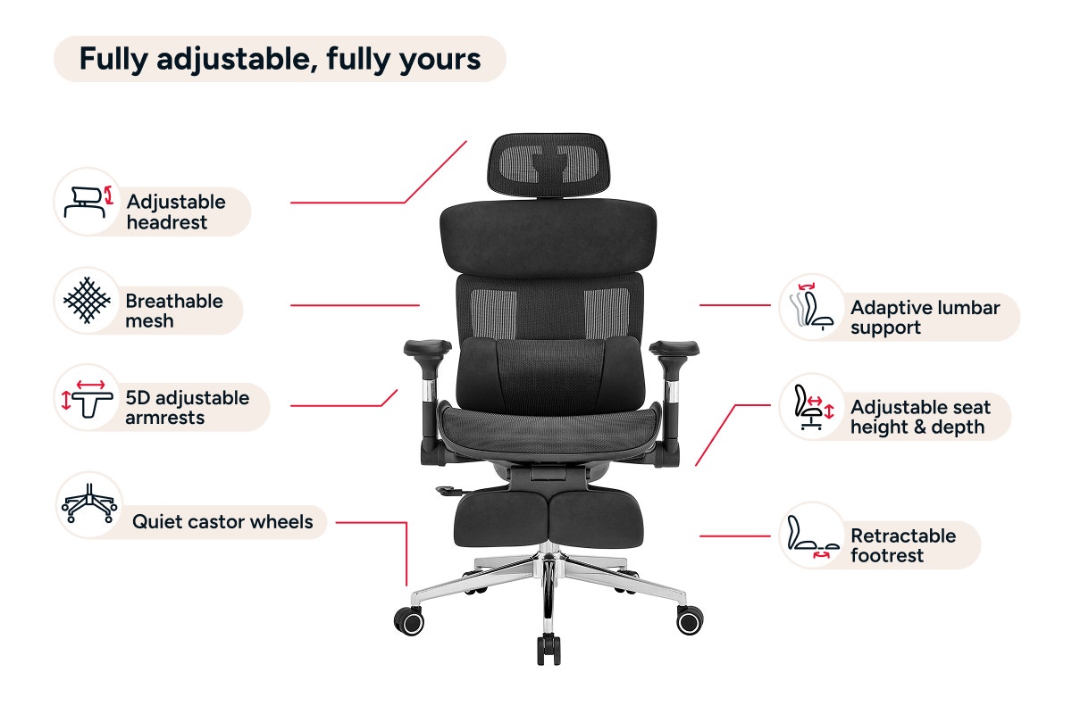 Ergolux Pro Max Ergonomic Mesh Office Chair with Footrest (Black)