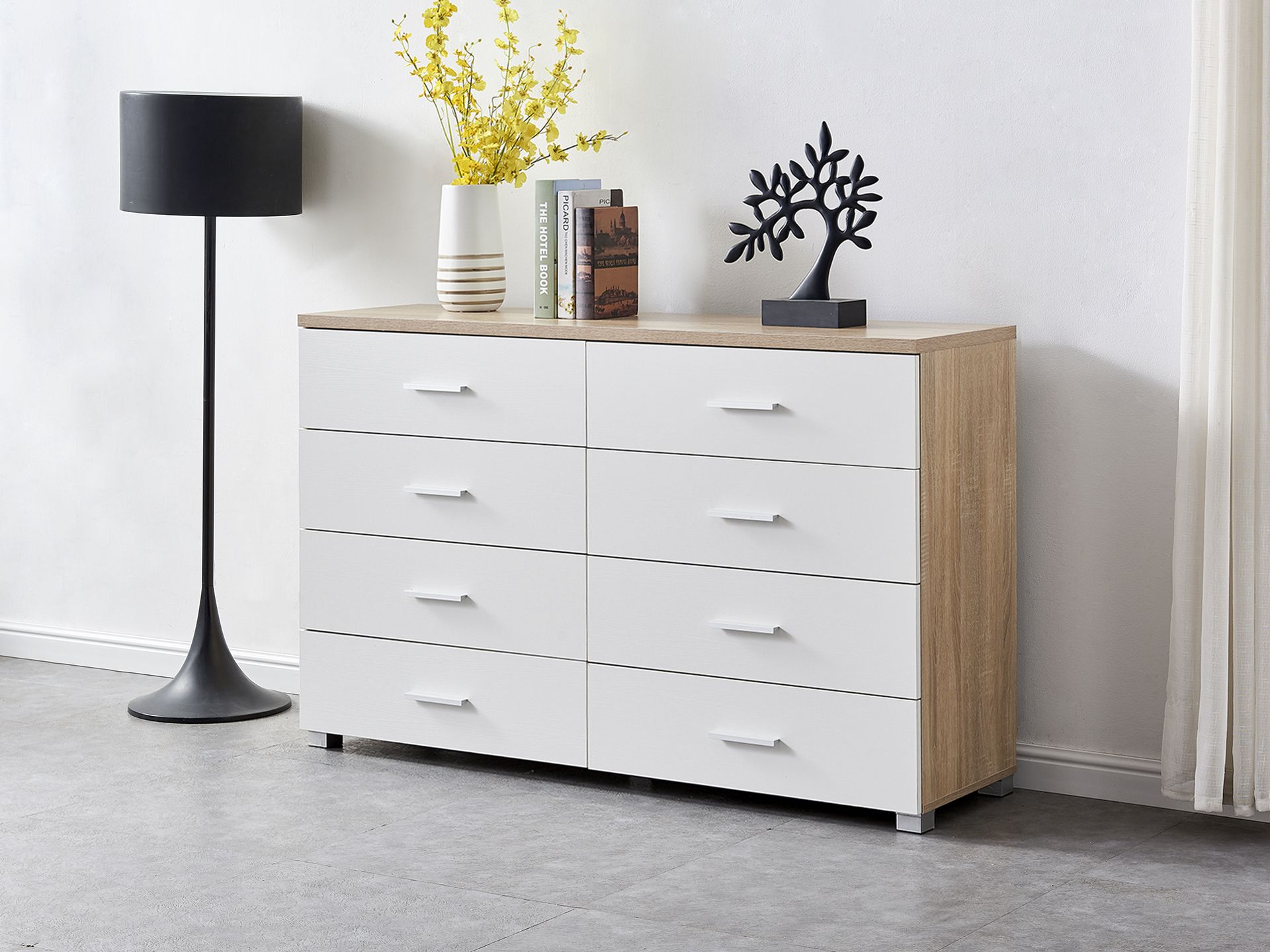 Low Boy 8 Drawer Chest Dresser - Oak + White