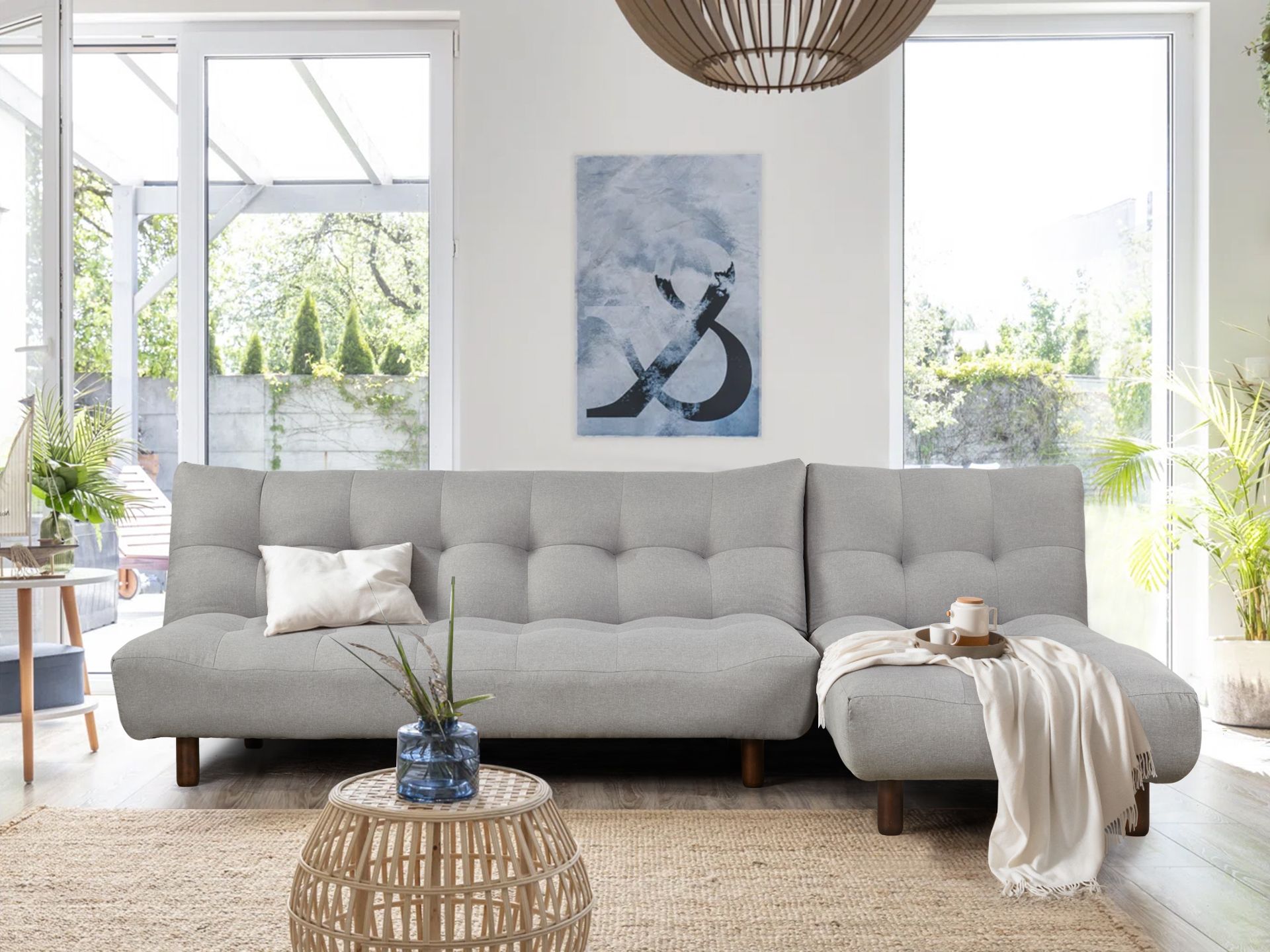 3 Seater Fabric Sofa Bed Futon with Chaise - Light Grey