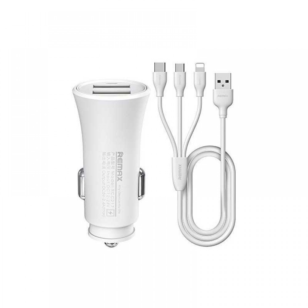 Remax Car Charger Adapter with 3 in 1 USB Charging Cable Fast Charge Dual Port