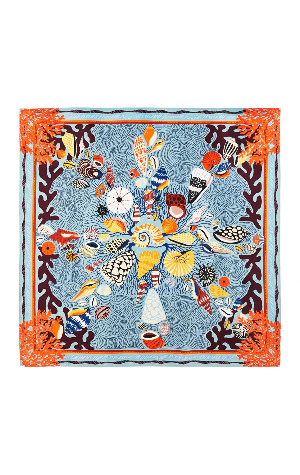 Foulard CORAL Wild bleu 90x90 imprimé marin coquillages coraux